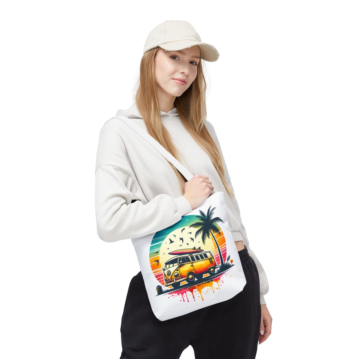 Retro Surf Van Tote Bag – Vintage Beach Sunset AOP Tote, Boho Coastal Travel Shoulder Bag, Summer Beach Market Bag