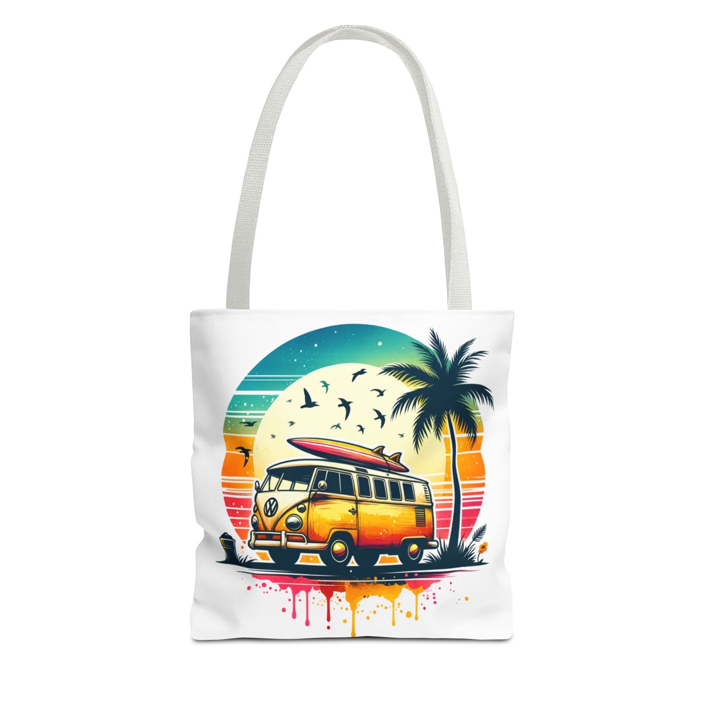 Retro Surf Van Tote Bag – Vintage Beach Sunset AOP Tote, Boho Coastal Travel Shoulder Bag, Summer Beach Market Bag