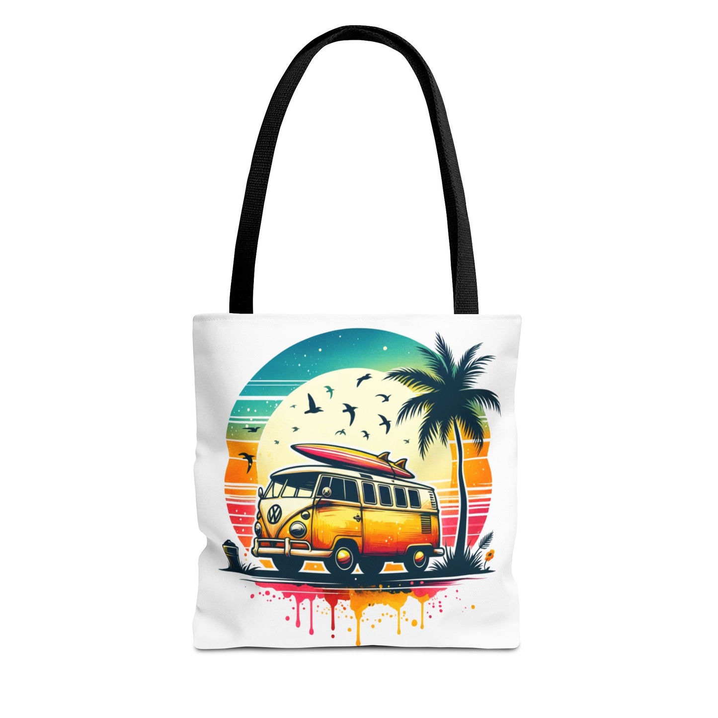 Retro Surf Van Tote Bag – Vintage Beach Sunset AOP Tote, Boho Coastal Travel Shoulder Bag, Summer Beach Market Bag