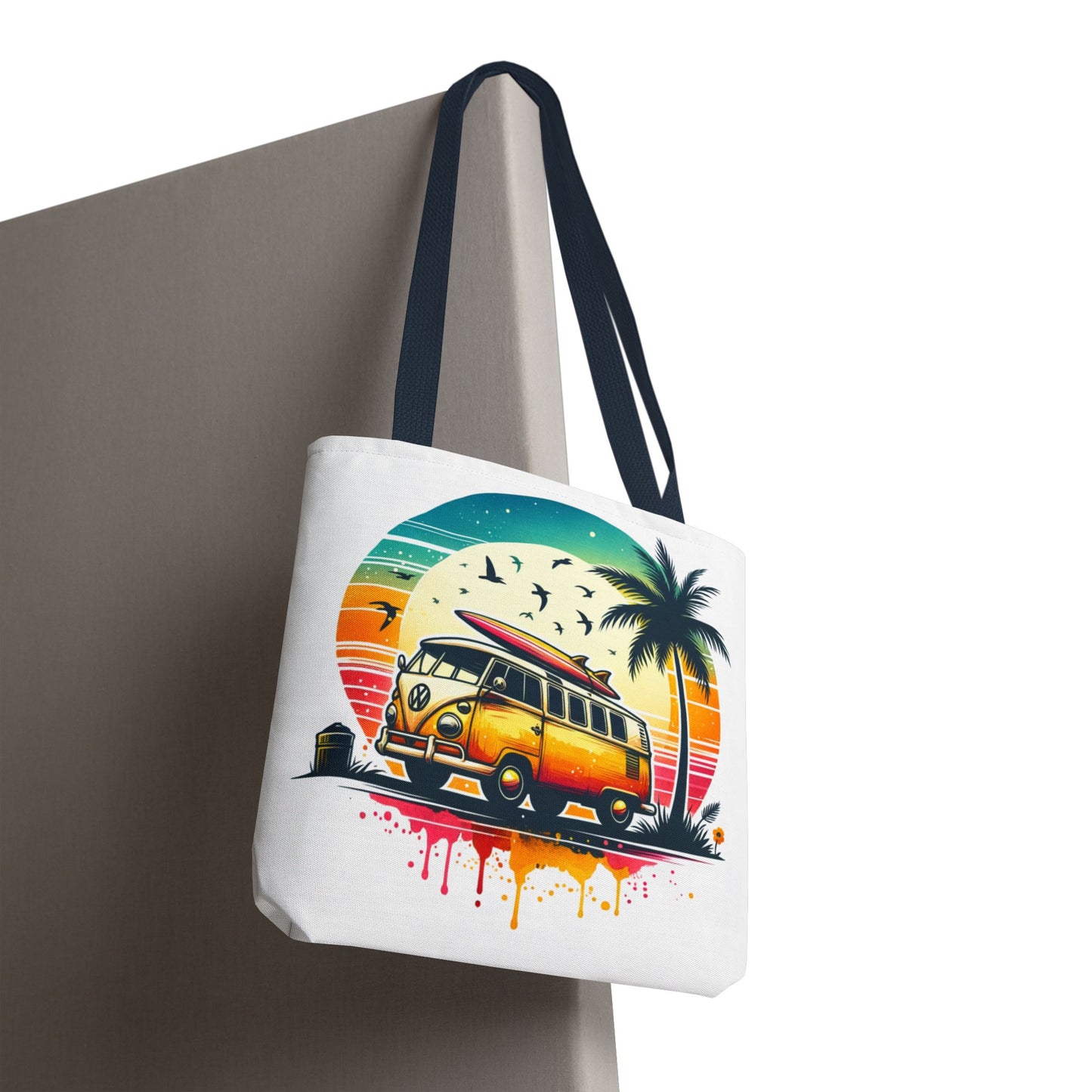 Retro Surf Van Tote Bag – Vintage Beach Sunset AOP Tote, Boho Coastal Travel Shoulder Bag, Summer Beach Market Bag