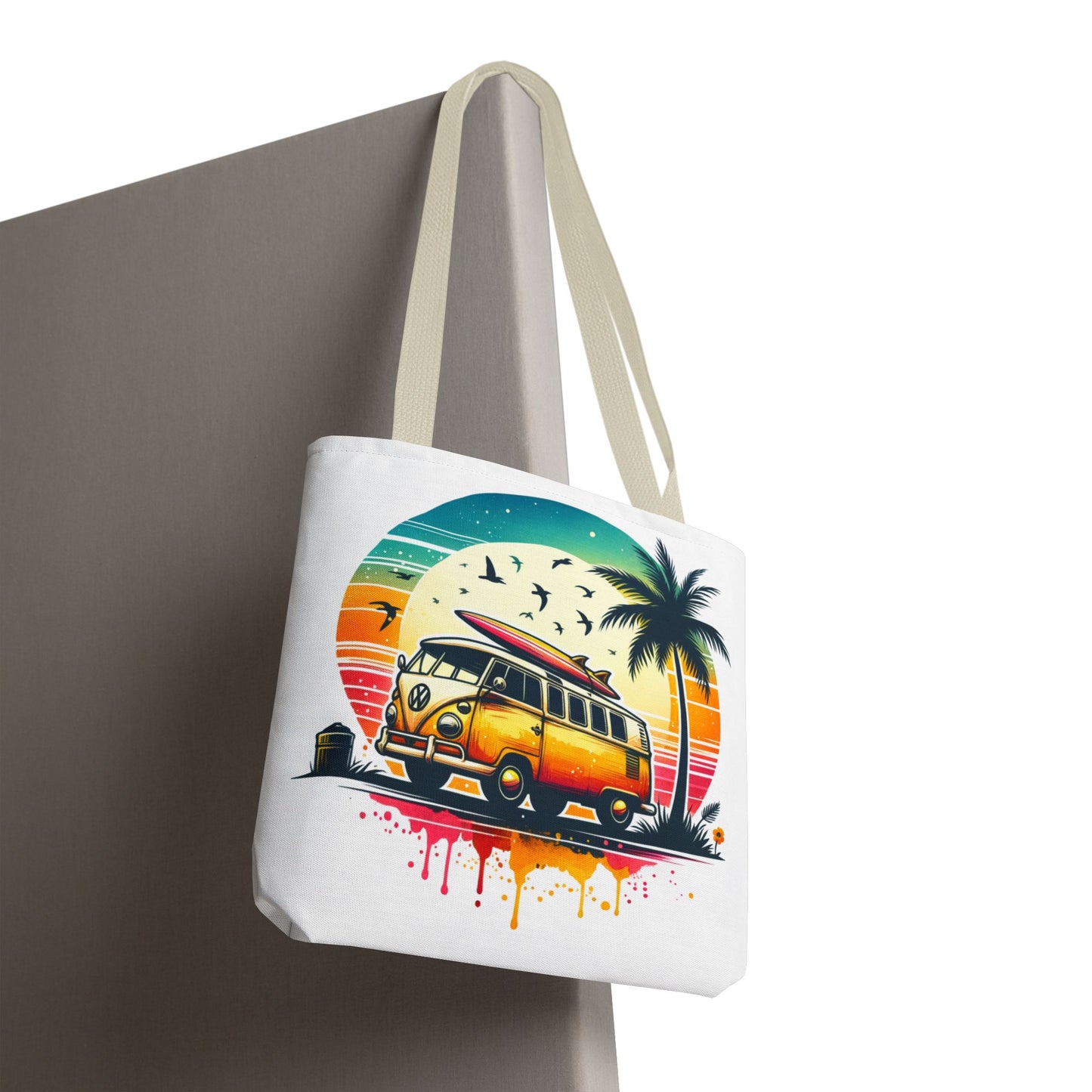 Retro Surf Van Tote Bag – Vintage Beach Sunset AOP Tote, Boho Coastal Travel Shoulder Bag, Summer Beach Market Bag