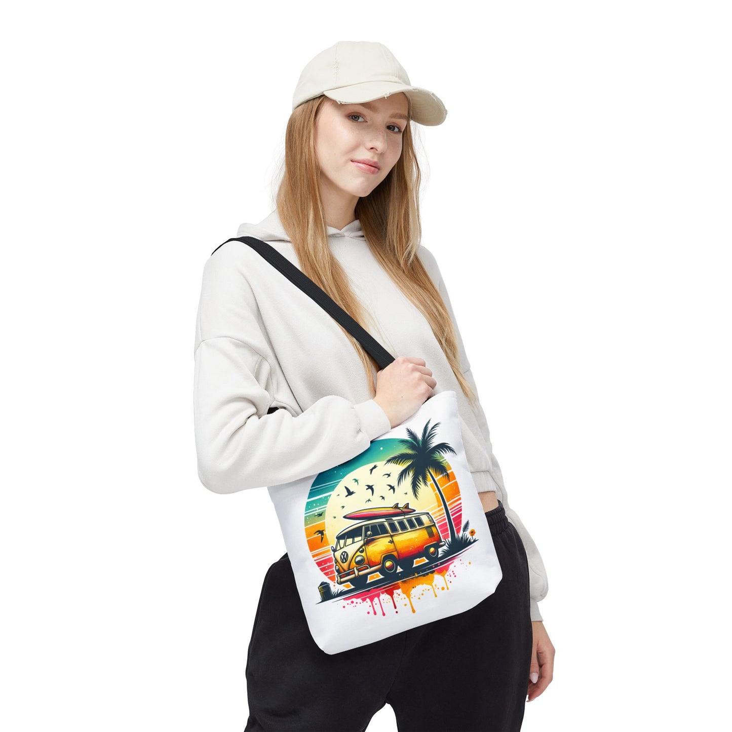 Retro Surf Van Tote Bag – Vintage Beach Sunset AOP Tote, Boho Coastal Travel Shoulder Bag, Summer Beach Market Bag