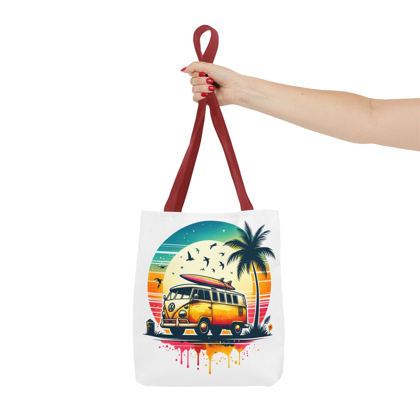 Retro Surf Van Tote Bag – Vintage Beach Sunset AOP Tote, Boho Coastal Travel Shoulder Bag, Summer Beach Market Bag