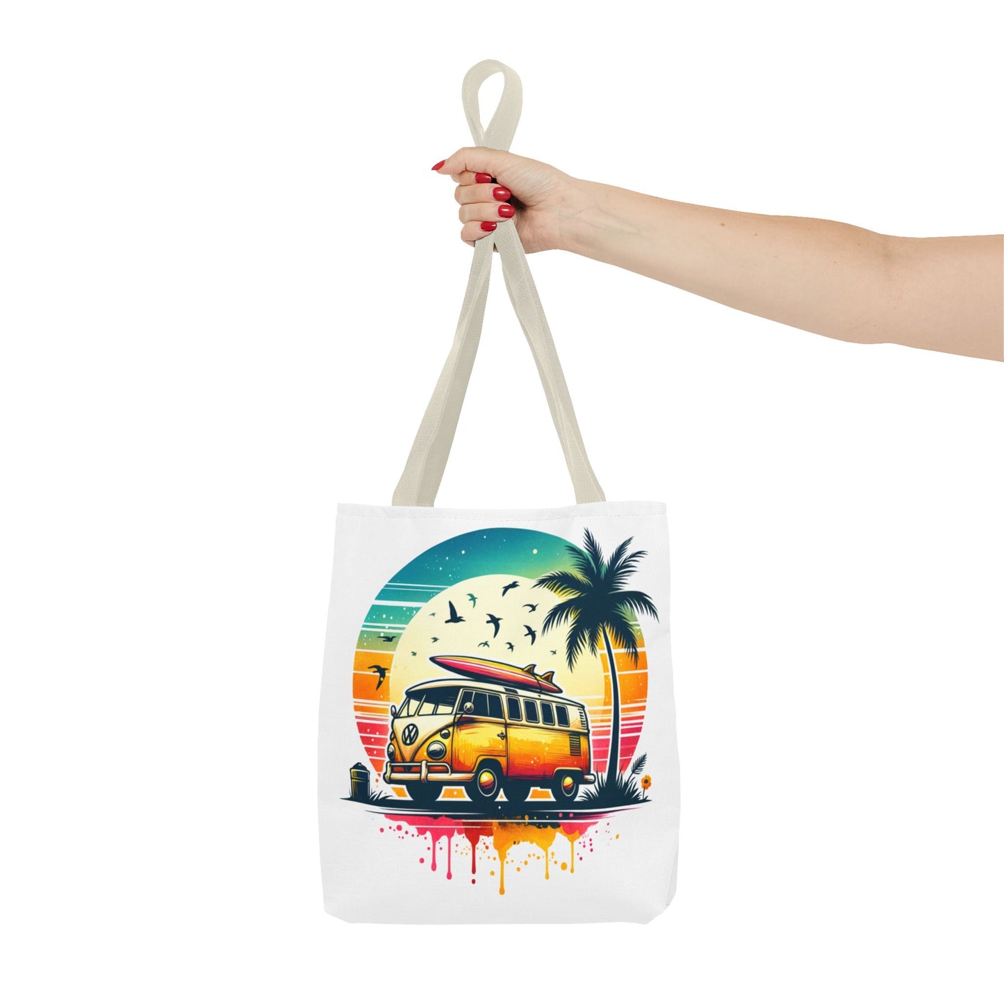 Retro Surf Van Tote Bag – Vintage Beach Sunset AOP Tote, Boho Coastal Travel Shoulder Bag, Summer Beach Market Bag
