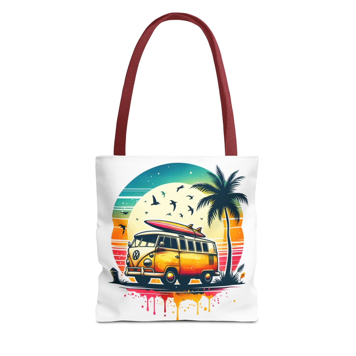 Retro Surf Van Tote Bag – Vintage Beach Sunset AOP Tote, Boho Coastal Travel Shoulder Bag, Summer Beach Market Bag