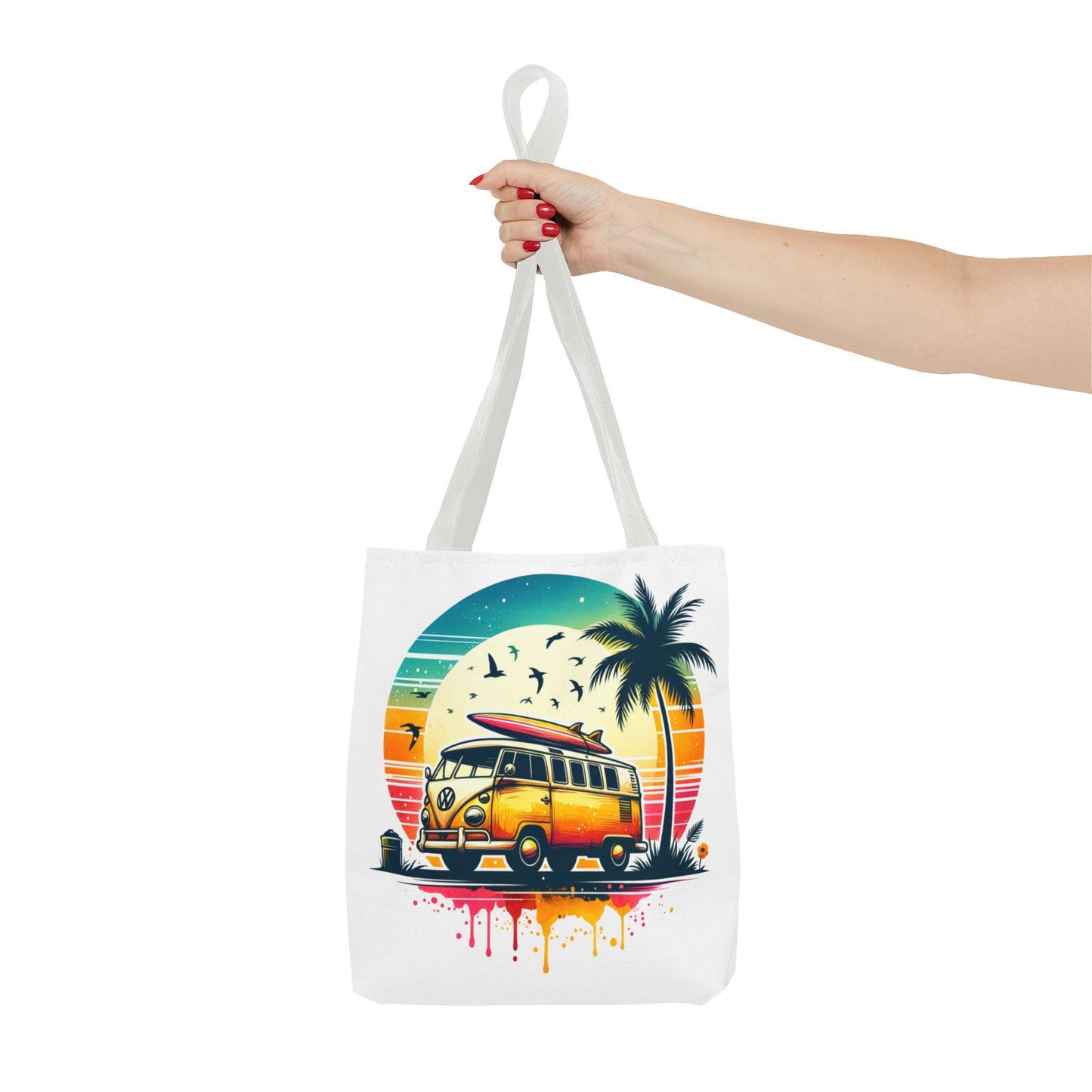 Retro Surf Van Tote Bag – Vintage Beach Sunset AOP Tote, Boho Coastal Travel Shoulder Bag, Summer Beach Market Bag