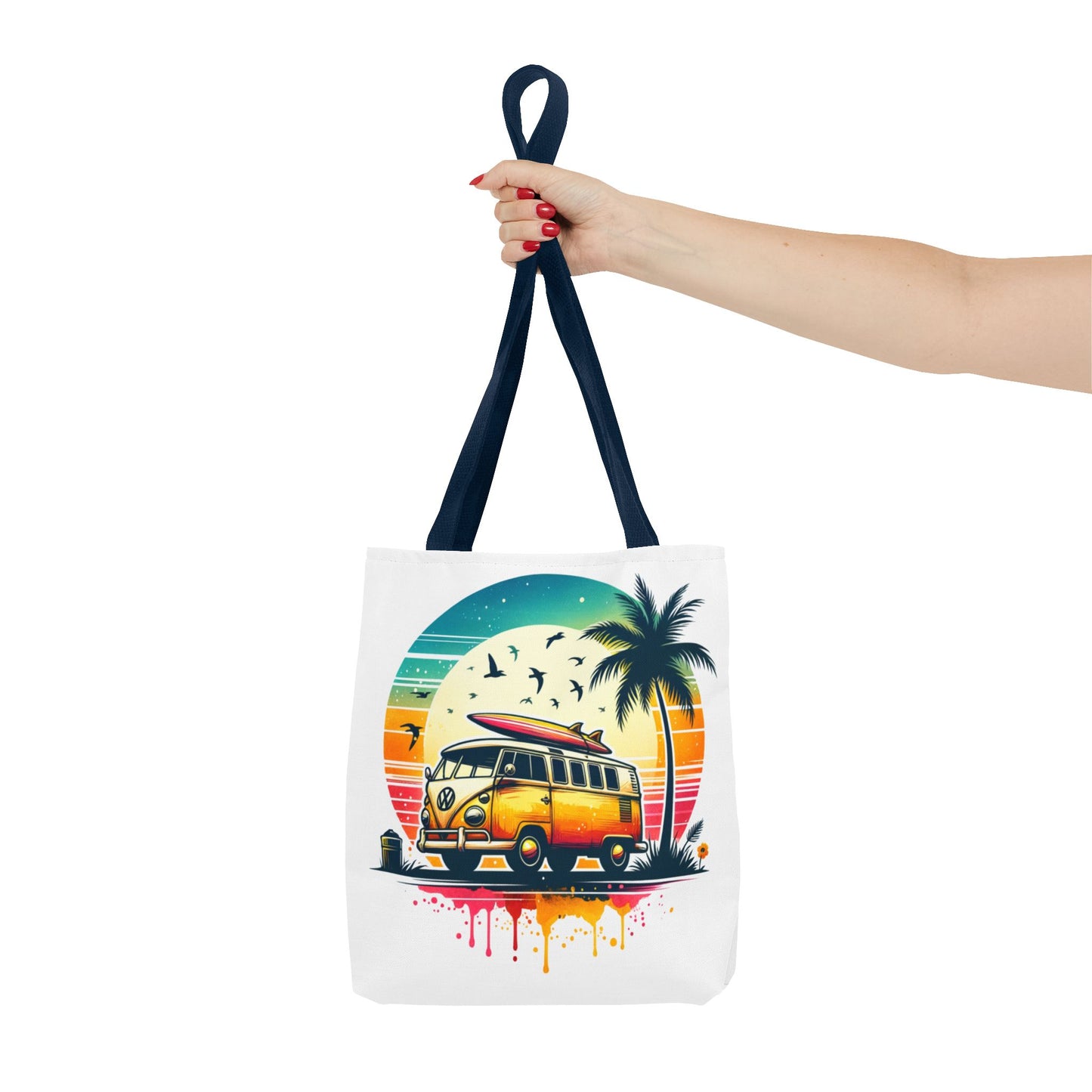 Retro Surf Van Tote Bag – Vintage Beach Sunset AOP Tote, Boho Coastal Travel Shoulder Bag, Summer Beach Market Bag