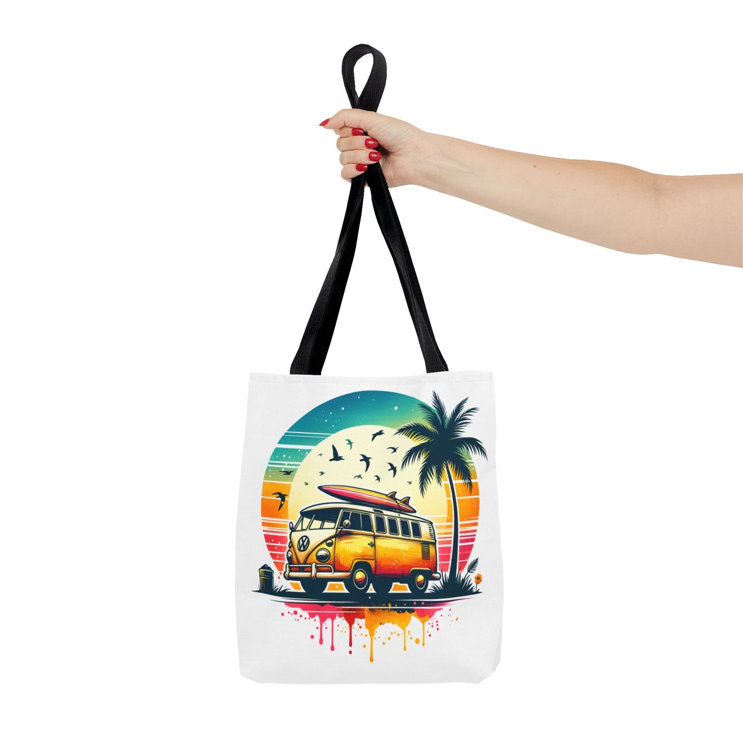 Retro Surf Van Tote Bag – Vintage Beach Sunset AOP Tote, Boho Coastal Travel Shoulder Bag, Summer Beach Market Bag